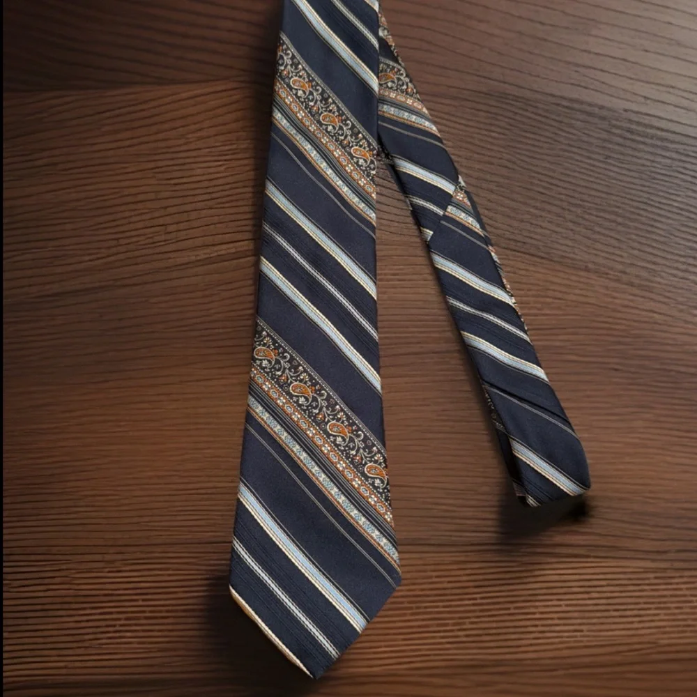Esquire Cravats Striped Floral Tie Navy Brown Ivory Gold Rust Vintage Necktie